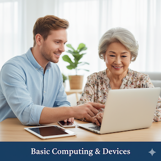 Senior learning to use a laptop with guidance