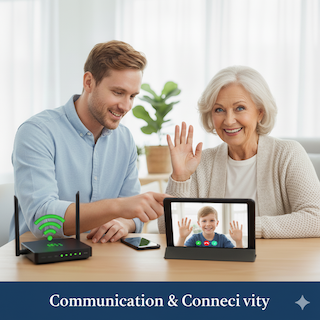 Senior video calling family on a tablet