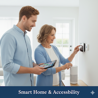 Senior using a smart speaker to control home devices