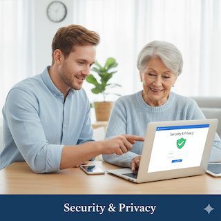 Senior learning about online security on a laptop